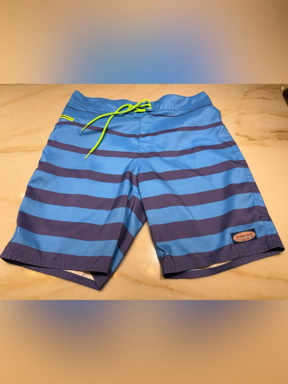 Vineyard Vines Blue and Navy Striped Swim Trunks with Lime Drawstring